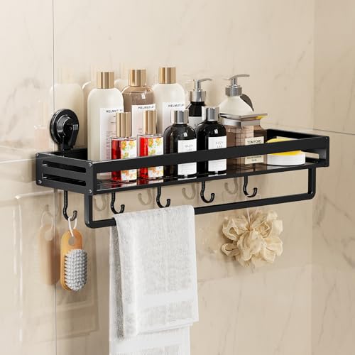 Suction Cup Shower Caddy with 5 Hooks & Towel Rrack 15.7inch Black | No Drilling Shower Organizer with Large Capacity, Rust-resistant Bathroom Organizer, Heavy Duty Shower shelves for Bathroom - size: 15.7 inches(US)