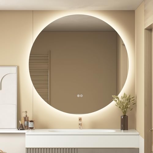 SMIROR 40 inch Round Led Backlit Lighted Bathroom Mirror for Wall | Circle Vanity Mirror with Lights, Anti-Fog, 3 Colors, Dimmable, Memory, Tempered Glass, Wall- Mounted - size: 40"L x 40"W