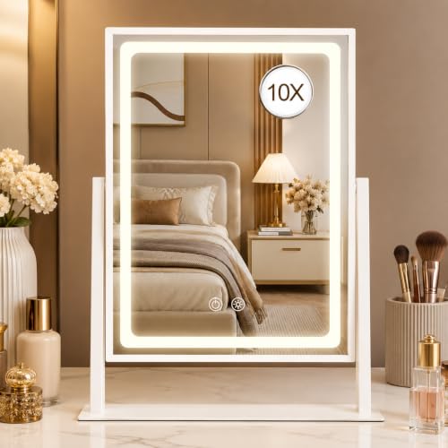 Vanity Mirror with Lights - 13.78"× 10.23" Adjustable Lighted Makeup Mirror for Desk, Detachable 10X Magnification Mirror, Touch Sensor, Desk Mirror for Bedroom & Dressing Room (White)