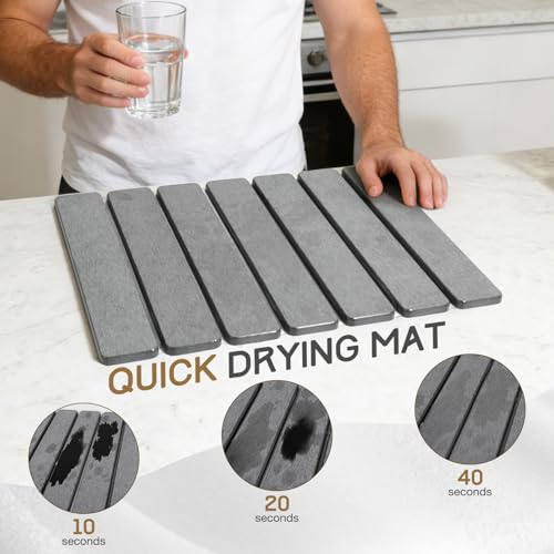 Stone Drying Mat 16" x 12" , HQAUT Quick Dry Dish Drying Mat for Kitchen Counter, Foldable Diatomaceous Earth Mats, Fast Drying Stone Pad for Bath Kitchen