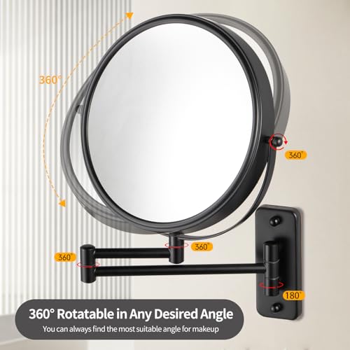 9 Inch Wall Mounted Makeup Vanity Mirror - Double Sided 1X/10X Magnifying Bathroom Mirror,360° Swivel Extendable Bathroom Mirror for Shaving (Black)