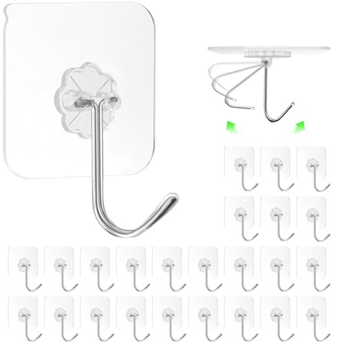ZESLMG Adhesive Wall Hooks No Damage for Hanging, 24 Pack Large Self Sticky Hooks Heavy Duty 44lb Removable, Clear Hook for Shower Towel Coat Key Picture Wreath Outdoor Bathroom Kitchen, Waterproof - size: 24 Upgraded large hook