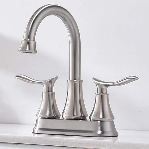 KINGO HOME Modern Brushed Nickel 2-Handle Bathroom Faucet, 4 inch Centerset RV Bathroom Sink Faucet Lavatory Bath Sink Vanity Faucet with Water Supply Lines and Pop Up Drain - color: Brushed Nickel