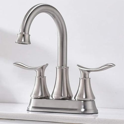 KINGO HOME Modern Brushed Nickel 2-Handle Bathroom Faucet, 4 inch Centerset RV Bathroom Sink Faucet Lavatory Bath Sink Vanity Faucet with Water Supply Lines and Pop Up Drain - color: Brushed Nickel