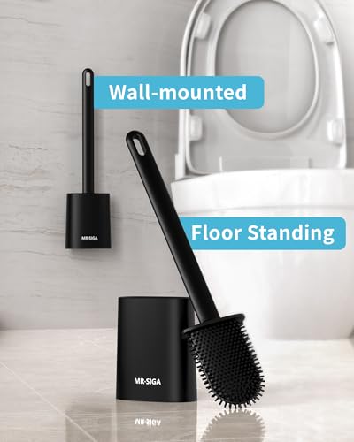 MR.SIGA Toilet Brush and Holder Set, Wall Mounted Toilet Bowl Brush, Black | Space saving design, flexible thermoplastic rubber bristles, easily cleans hard to reach areas, pack of 2 - color: Black