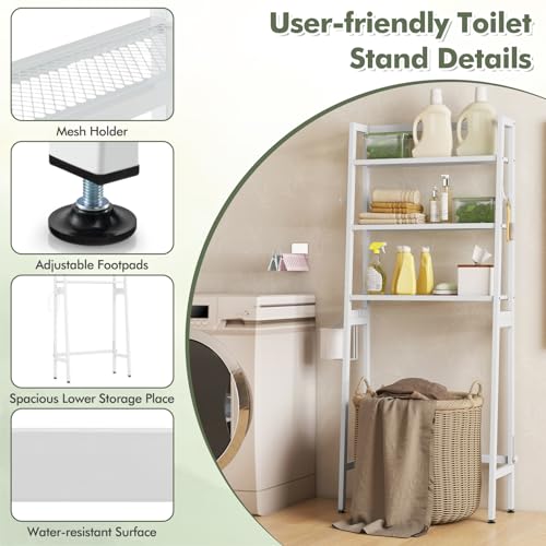 Giantex Over The Toilet Storage, 3-Tier Freestanding Bathroom Space Saver with 2 Hooks, Toilet Paper Holder & Adjustable Bottom Bar, Metal Over Toilet Bathroom Organizer for Restroom, Laundry (White) - color: White
