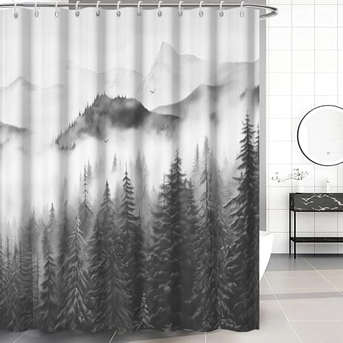 Grey Forest Shower Curtain with Hooks for Bathroom 72x84 Inch | Waterproof Nature Foggy Mountain Shower Curtain Set, Soft and Lightweight Bathroom Decor, Machine Washable - color: Grey, size: 72"W x 84"L (Pack of 1)