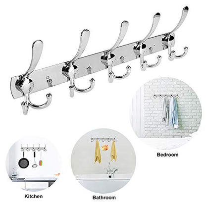 Wall Mount Coat Hook, 2 Pack 15 Hooks Stainless Steel Coat Hangers Rack Robe Hat Clothes Hook Wall Coat Rack Hooks - color: ‎Silver