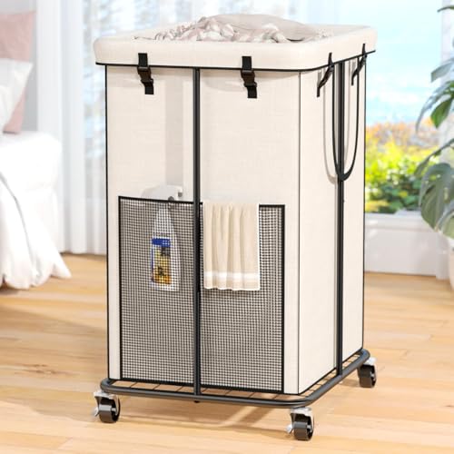 Laundry Hamper with Wheels, 150L Rolling Laundry Basket with Bag & Handles | Sturdy Metal Frame | Removable Bag | Large & Tall Dirty Clothes Hampers for Laundry Room, Bedroom, Dorm, Bathroom-White - color: White, size: 40GAL