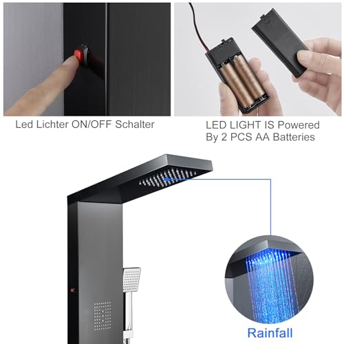 5-in-1 LED Shower Panel Tower System Stainless Steel Black | LED waterfall + rainfall | 2-in-1 body jets | Handheld shower | Bathtub filler | Wall mount - color: Black