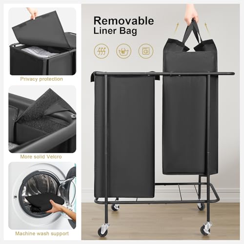 Double Laundry Hamper with Wheels & Lid, 200L Large Rolling Laundry Basket | Chrislley Sturdy Metal Laundry Cart 2 Section with Long Handle and Removable Bags,Dirty Clothes Hamper for Laundry Room,Black - color: Black, size: 200L(29.7"L x 16.9"W x 33.1"H)