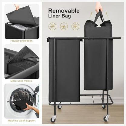 Double Laundry Hamper with Wheels & Lid, 200L Large Rolling Laundry Basket | Chrislley Sturdy Metal Laundry Cart 2 Section with Long Handle and Removable Bags,Dirty Clothes Hamper for Laundry Room,Black - color: Black, size: 200L(29.7"L x 16.9"W x 33.1"H)