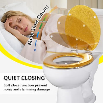 Angol Shiold Glitter Toilet Seat Molded Wood Round Toilet Seat with Quietly Close and Quick Release Hinges, Easy to Install also Easy to Clean (Round 16.5'', Gold) - color: Gold, size: Round 16.5‘’