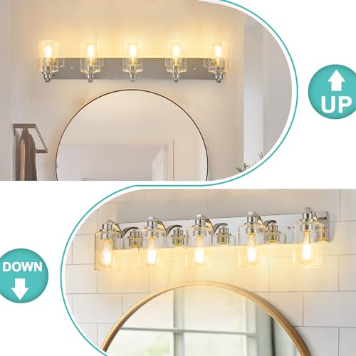5-Light Bathroom Light Fixtures Modern Chrome Vanity Lights | Easy to Install Clear Glass Shades, Wall Mount Up or Down, E26 Socket, Hardwired, 128V - color: Chrome, size: 5 Lights
