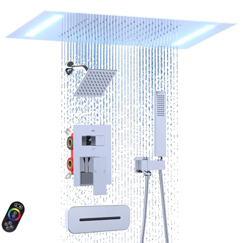 Enga Dual Rain Shower System with Up/Down Waterfall Bathtub Spout, Ceiling Mount 14 x 20 Inch LED Shower Head Rainfall Shower Faucet Set, Chrome - color: Chrome, style: 14X20" Led Shower - Tub Spout