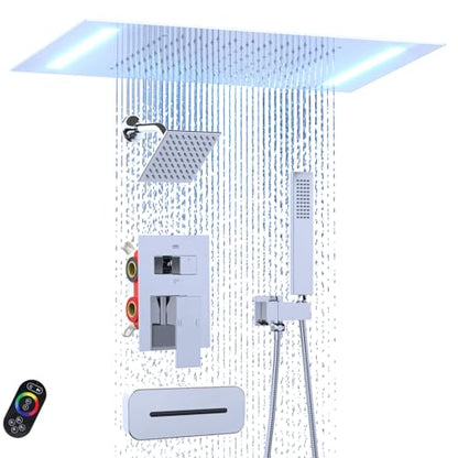 Enga Dual Rain Shower System with Up/Down Waterfall Bathtub Spout, Ceiling Mount 14 x 20 Inch LED Shower Head Rainfall Shower Faucet Set, Chrome - color: Chrome, style: 14X20" Led Shower - Tub Spout