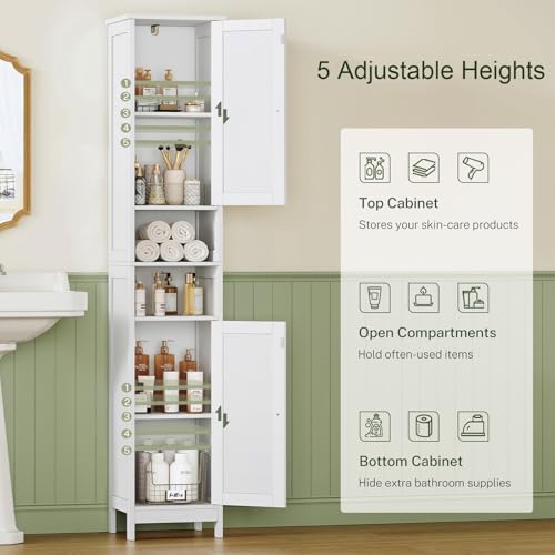 67" Tall Bathroom Cabinet with Adjustable Shelves and Doors, Narrow Bathroom Storage Cabinet for Small Space, Living Room, Entryway, Kitchen, White - color: White