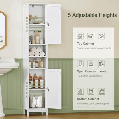 67" Tall Bathroom Cabinet with Adjustable Shelves and Doors, Narrow Bathroom Storage Cabinet for Small Space, Living Room, Entryway, Kitchen, White - color: White