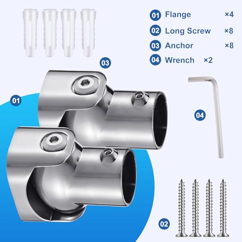 Zonon 4 Pack Shower Curtain Rods Single Swivel Flange Angled Shower Curtain Rods Bracket with Screws Brushed Nickel Finish 180° Rotation Fit 1" Outer Dia Rod for Bathroom Angled Sloped Ceiling Wall