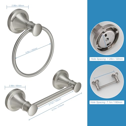 RUMOSE Pivoting Toilet Paper Holder and Hand Towel Ring, Brushed Nickel | Wall Mount, Bathroom Hardware Accessories 2 PCS Set, Toilet Tissue Roll Holder & Towel Hanger, Rustproof, Stainless Steel - color: Brushed Nickel