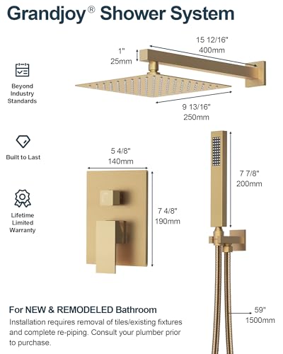 10" Shower System, Wall Mount Shower Faucet Set, Brushed Gold | Pressure-Balance Rough-In Valve Included, High Flow Square Rainhead, Stainless Steel Fixture for Bath Remodels - color: Brushed Gold