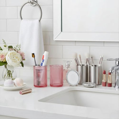 Pink Toothbrush Holders for Bathrooms, 2pcs Glass Toothbrush Holder and 12oz Bathroom Tumbler Cup Set, Silver Tooth Brush and Toothpaste Organizer for Bathroom Vanity Countertop - color: Pink Silver
