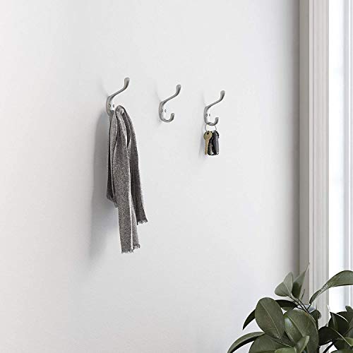 Franklin Brass Heavy Duty (5-Pack) Coat and Hat Wall Hooks Double Hooks for Hanging Matte Nickel Wall Mount Hanger Backpack, Purse, Bag, Towel Organization Decorative Wall Hooks FBCHH5-MN-C