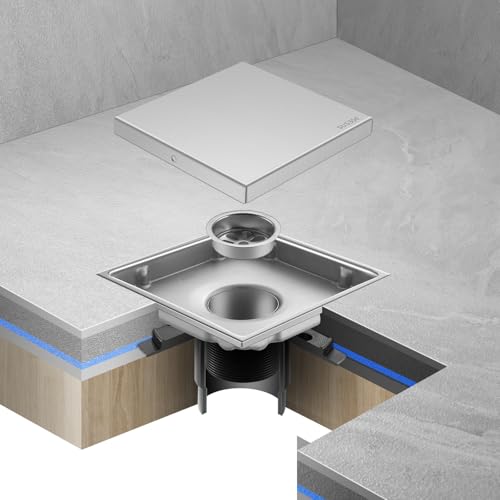 Hidden Brushed Square Shower Floor Drain, Silver 6 inch, 304 Stainless Steel, with Flange, Detachable Cover Embedded with Ceramic Tiles - color: Hidden Silver, size: 6 inch