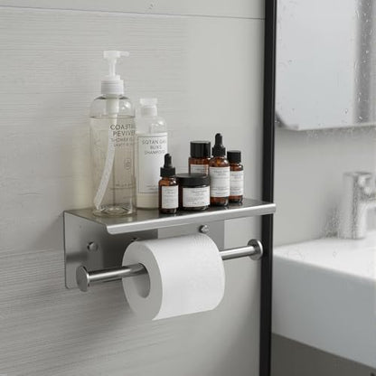 Double Toilet Paper Holder with Shelf, Wall Mount Tissue Roll Holder for Bathroom, 304 Stainless Steel Commercial Toilet Tissue Dispensers with Phone Shelf(Natural) - color: Natural