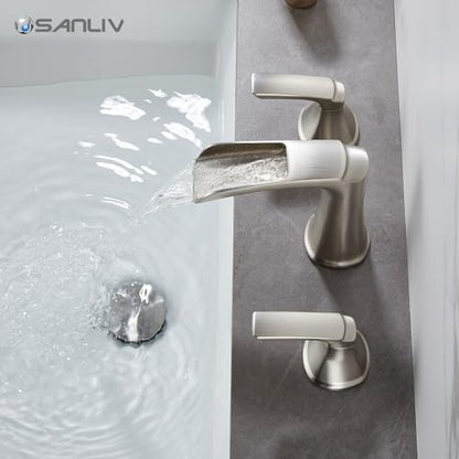 Brushed Nickel Waterfall Bathroom Faucet, Sanliv 3-Piece Widespread Bathroom Sink Faucets, 2-Handle Vanity Faucet for 3-Hole Sinks 4-8 Inch with Pop-Up Drain, Brushed Nickel - color: Brushed Nickel