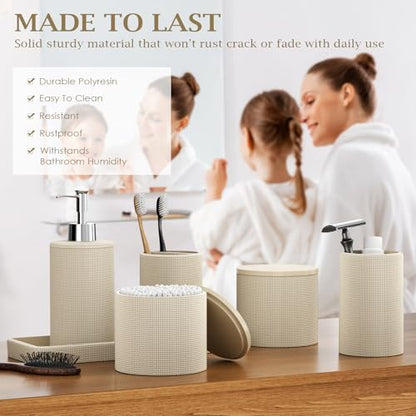 6-Piece Beige Bathroom Set - Mesh Textured Resin Bathroom Accessories Set with Soap Dispenser, Toothbrush Holder, Cup, Vanity Tray & Apothecary Jars for Small Spaces - color: Beige - Mesh Textured