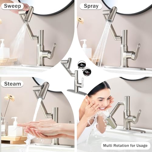 Rotatable Bath Faucet with Temp Display in Fahrenheit, Single Hole Brushed Nickel and 3 Outlet Modes Faucet, Battery-Free - color: Brushed Nickel-F