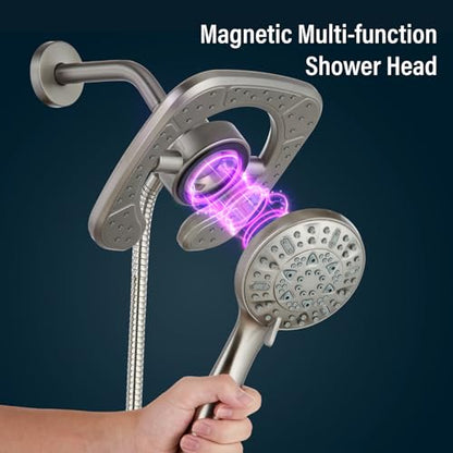 Magnetic Shower Faucet Set Dual 2 in 1 Shower System with Handheld Shower Spray 3-way Water Diverter Shower Trim Kit Rainfall Bathroom High Pressure 5 Setting without Tub Faucet Brushed Nickel - color: Brushed Nickel