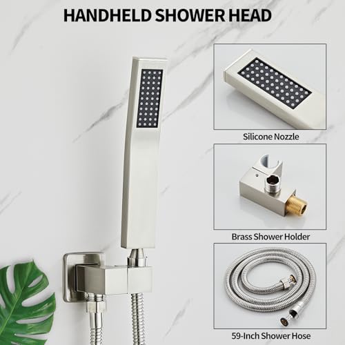 Brushed Nickel Rainfall Shower Faucet Set with Tub Spout 12 Inch | Shower Head and Handle for Bathroom Rain Shower and Handheld Shower System Square Wall Mount - color: Brushed Nickel, style: 12 Inch
