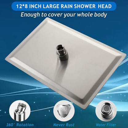 Voolan Rain Shower Head - High Flow Large Rainfall Shower Heads Made of Stainless Steel - Waterfall Bathroom Square Showerhead - Ceiling or Wall Mount (12 * 8 Inch Rectangle, Brushed Nickel) - color: Brushed Nickel, size: 12*8 Inch Rectangle