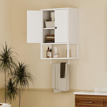 Homeiju Rustic Wall Mounted Medicine Cabinet, White Wood Storage Cabinet with Two Barn Doors, Shelf and Towel Bar for Bathroom, Living Room, Kitchen, White - size: 29.9'' H