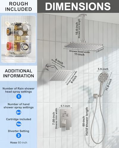 KOJOX Brushed Nickel Dual Shower Head System – 11" Ceiling Rainfall + 6" Wall Mount Heads, 6-Mode Handheld Spray, Push-Button Diverter Faucet Set - color: Brushed Nickel, size: 6''+11''