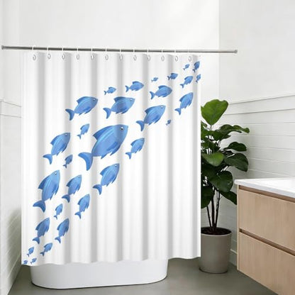 Yeele Blue School of Fish Shower Curtain, Nautical Coastal Ocean Print Shower Curtain Set, Waterproof Machine Washable Fabric Curtain 60x72 Inch with Hooks - color: Blue White 2, size: 60"Wx72"L