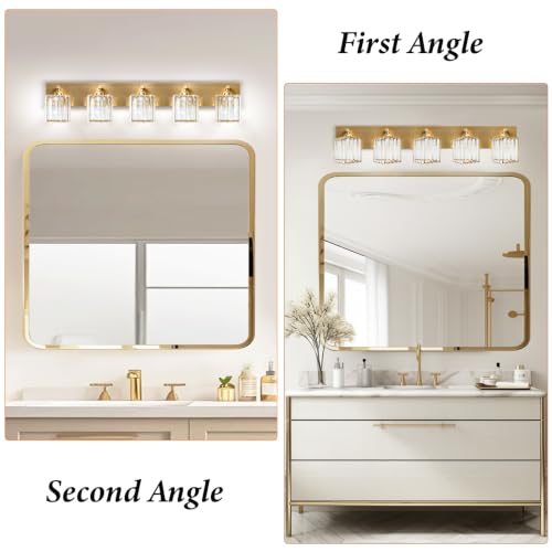 Gold Crystal Bathroom Vanity Light, 5-Light Modern Bathroom Lighting Fixtures Over Mirror,Chrome Wall Sconce Light Fixtures with Square Shade - color: Gold-Square Shade, size: 5-LIGHT