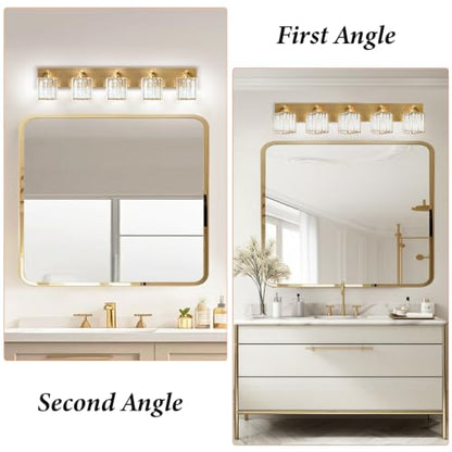 Gold Crystal Bathroom Vanity Light, 5-Light Modern Bathroom Lighting Fixtures Over Mirror,Chrome Wall Sconce Light Fixtures with Square Shade - color: Gold-Square Shade, size: 5-LIGHT