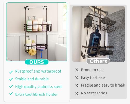 HapiRm Hanging Shower Caddy Organizer - No Drilling Shower Shelves with Hooks and Toothbrush Holder, Rustproof 304 Stainless Steel Bathroom Organizer - Bronze - color: Bronze