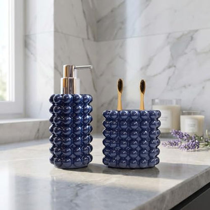 Better Trends 2-Piece Bathroom Accessory Set 400mL Refillable Soap Dispenser with Rustproof Pump 2-Slot Toothbrush for Vanity, Sink & Countertop Organization Navy Nova Collection - color: Navy