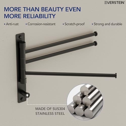 Swivel Towel Rack, Matte Black, 12.5 in, 3-Arm Towel Bar | 304 Stainless Steel, Space Saving, Wall Mounted, With Hook - color: Matte Black