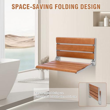Generic 17.7inch Wall-Mounted Folding Shower Seat with Back Wall Mount Foldable Chair Anti-Slip for Elderly Disabled Pregnant