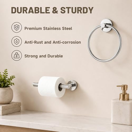 Toilet Paper Holder and Hand Towel Ring Bathroom Set | Chrome,Stainless Steel,Wall Mount,Bathroom Accessories,Hand Towel Ring and Toilet Paper Holder Set,Easy to install,Durable - color: Polished Chrome