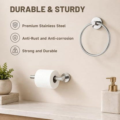 Toilet Paper Holder and Hand Towel Ring Bathroom Set | Chrome,Stainless Steel,Wall Mount,Bathroom Accessories,Hand Towel Ring and Toilet Paper Holder Set,Easy to install,Durable - color: Polished Chrome