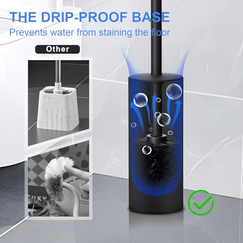 304 Stainless Steel Toilet Bowl Cleaner Brush and Holder Set | Black Bathroom Toilet Brush, Floor-Standing Circular Base, Long Handle, Heavy-Duty with 2 Brush Heads YIGUANXIN - color: H-black