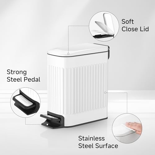 TIPGO Slim Bathroom Trash Can with Lid Soft Close, Step Pedal, 6 Liter / 1.6 Gallon Stainless Steel Trash Bin, Small Garbage Cans for Bedroom, Office, Kitchen (White) - color: White