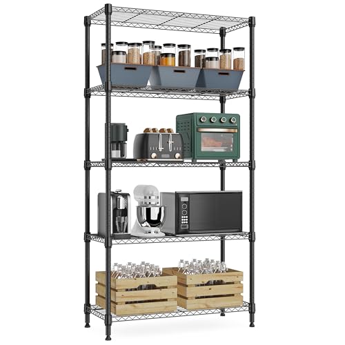 M MZG 1250 lbs 5 Tier Shelf Metal Storage Shelves Wire Rack Closet Organizers with Wheel for Garage Kitchen Bathroom Laundry Black 13.7" D x 23.6" W x 62.4" H - color: Black, size: 5 tiers, 13.7"D x 23.6"W x 62.4"H