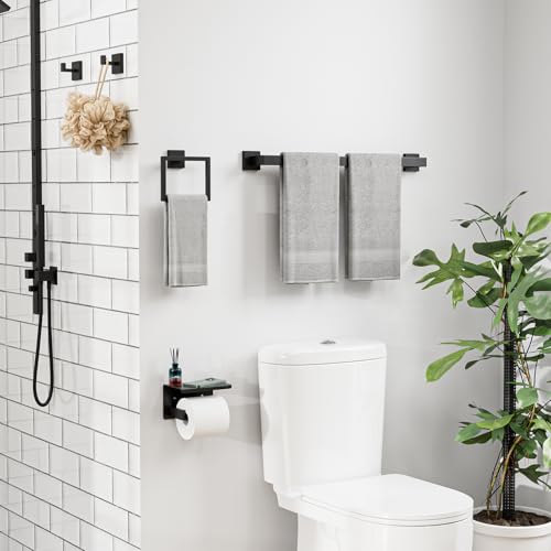 5-Pieces Matte Black Bathroom Hardware Set, 24 Inch Bathroom Towel Bar Set, SUS304 Stainless Steel Bathroom Hardware Accessories Set, Towel Racks for Bathroom Wall Mounted - size: 26 Inch (5 Pieces)